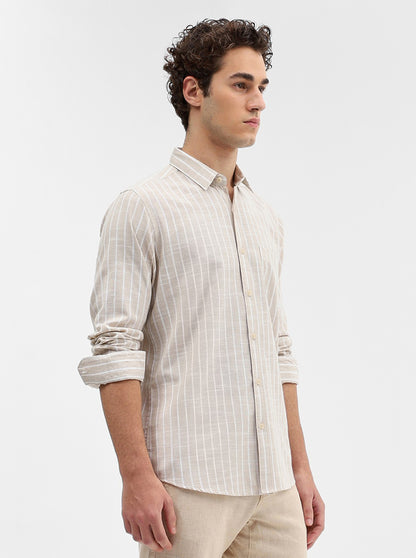 Beige Striped Slim Fit Casual Shirt | JadeBlue