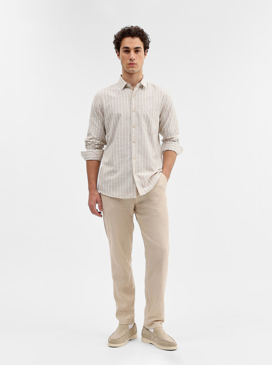 Beige Striped Slim Fit Casual Shirt | JadeBlue