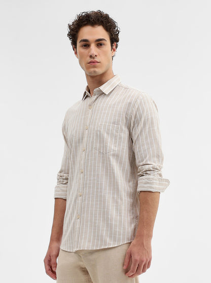 Beige Striped Slim Fit Casual Shirt | JadeBlue