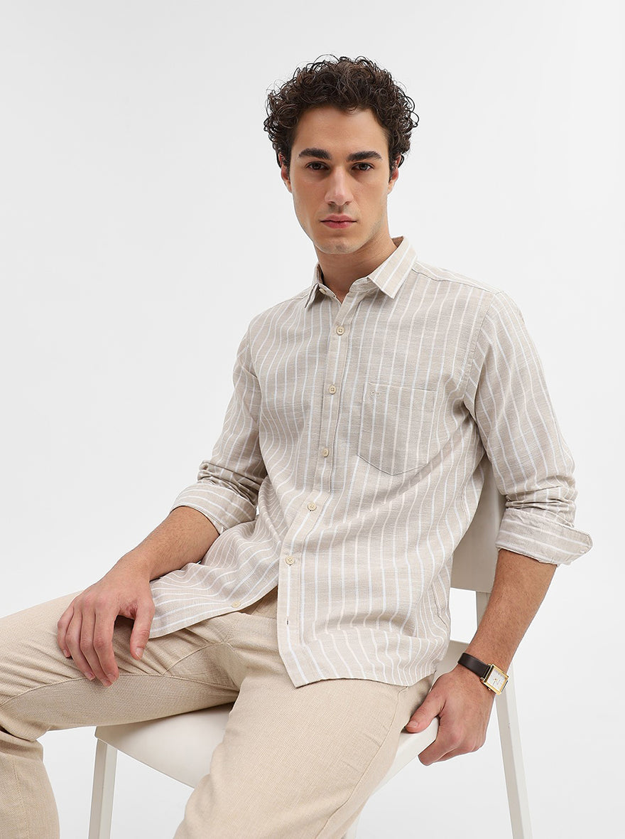 Beige Striped Slim Fit Casual Shirt | JadeBlue