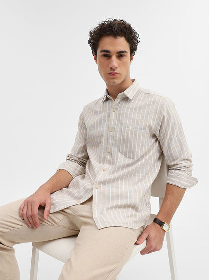 Beige Striped Slim Fit Casual Shirt | JadeBlue