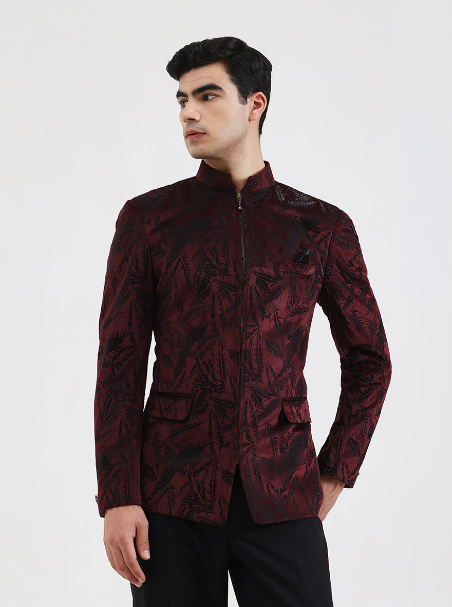 Maroon Printed Regular Fit Blazer | JB Studio