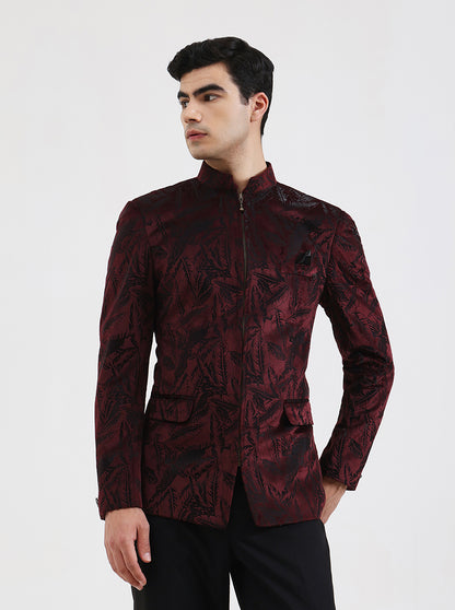 Maroon Printed Regular Fit Blazer | JB Studio