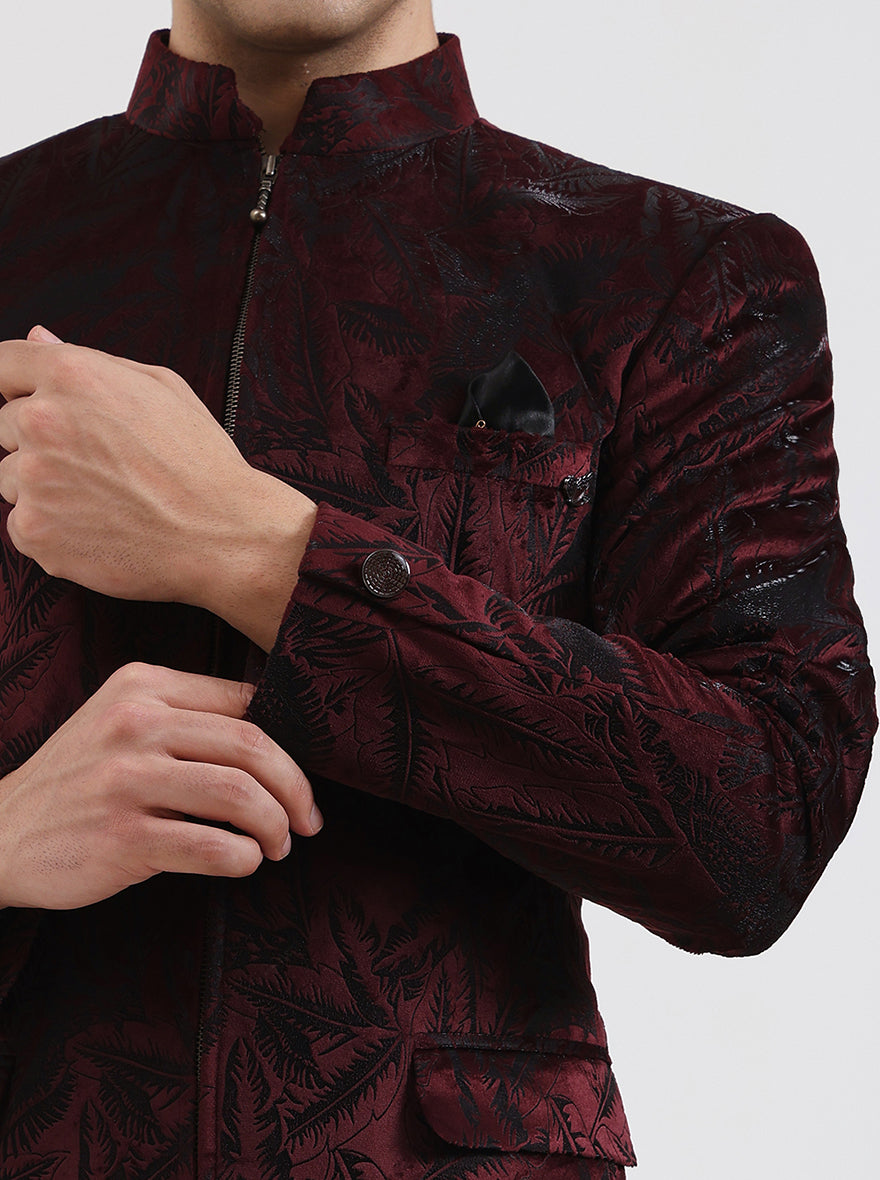 Maroon Printed Regular Fit Blazer | JB Studio