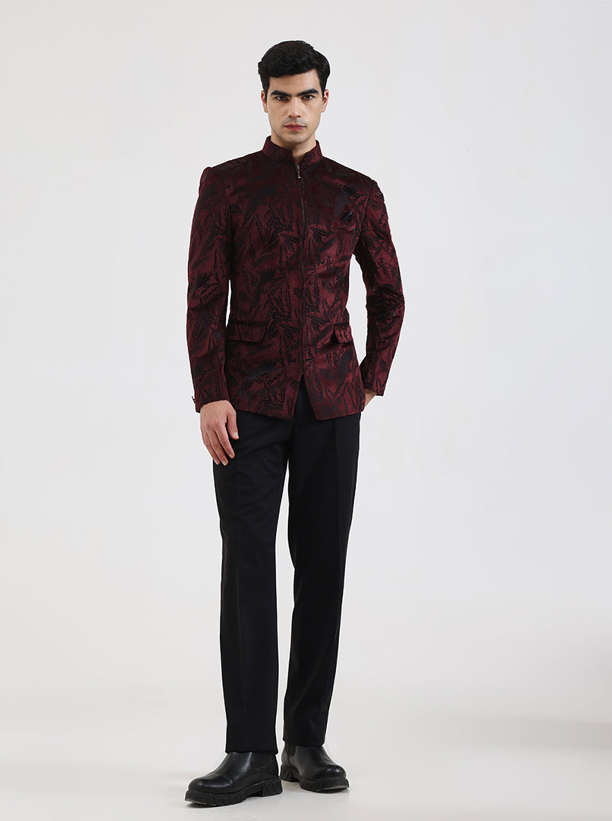 Maroon Printed Regular Fit Blazer | JB Studio