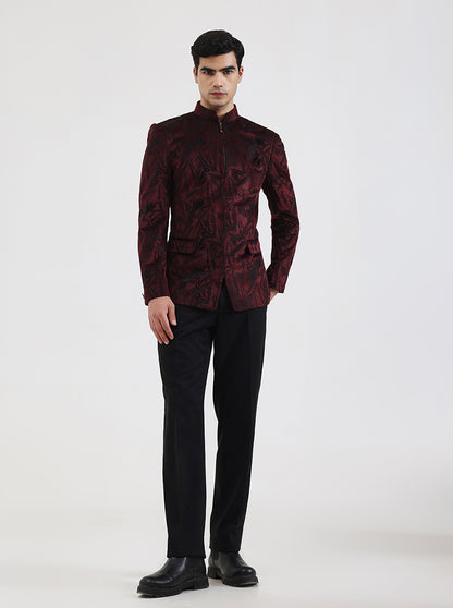 Maroon Printed Regular Fit Blazer | JB Studio