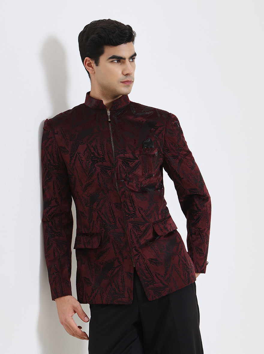 Maroon Printed Regular Fit Blazer | JB Studio