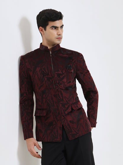 Maroon Printed Regular Fit Blazer | JB Studio