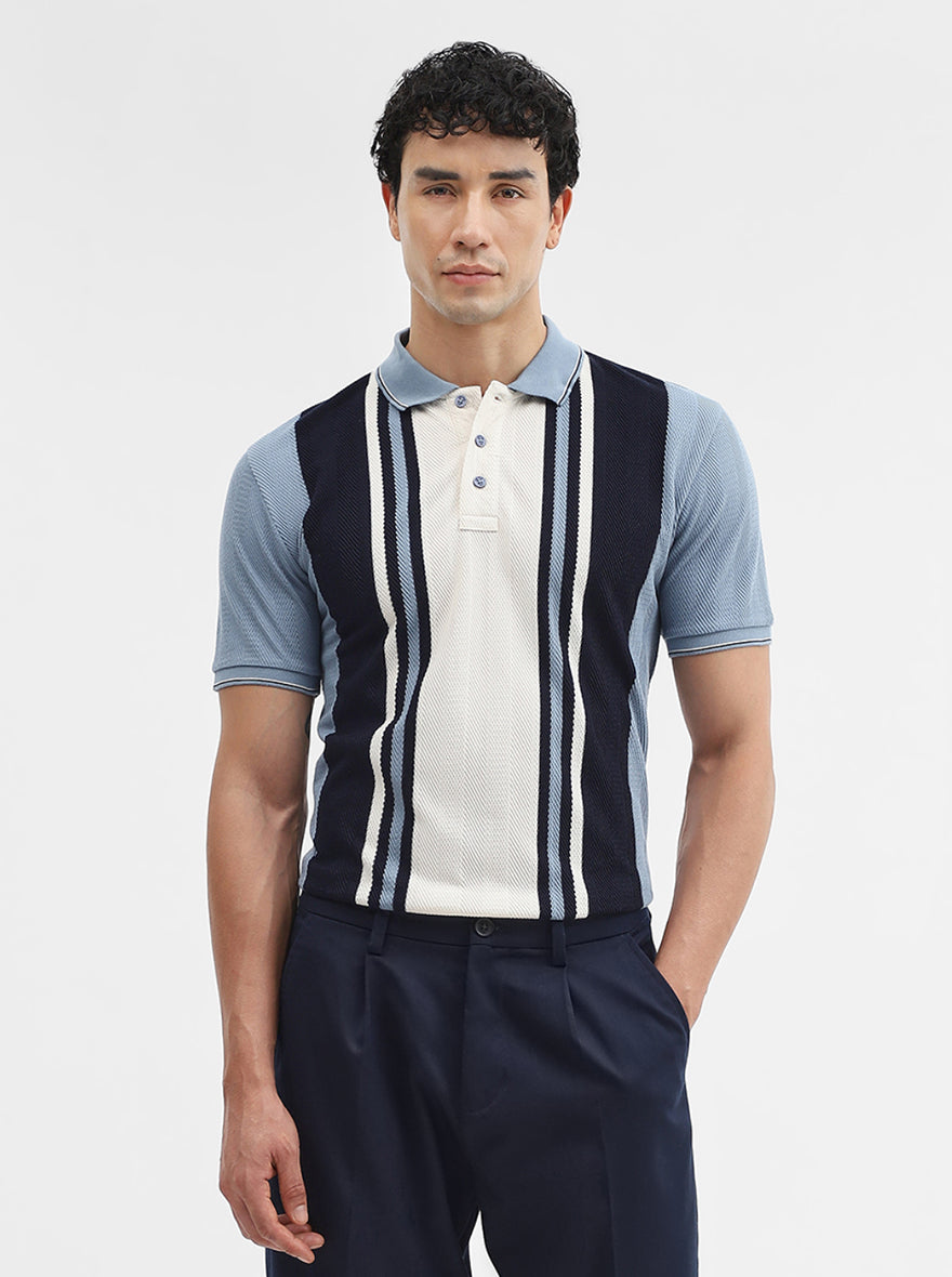 Blue & White Striped Slim Fit Polo T-Shirt | JadeBlue