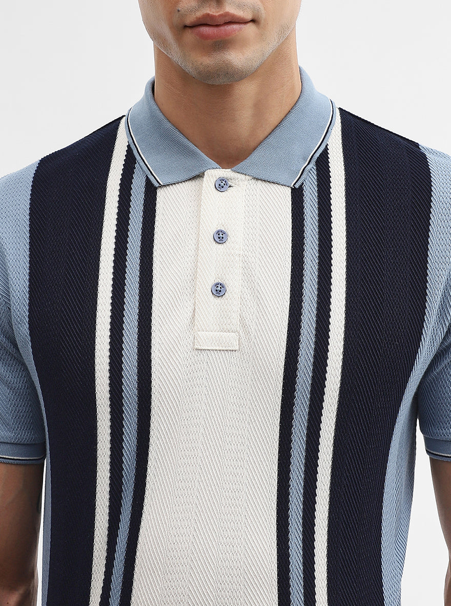 Blue & White Striped Slim Fit Polo T-Shirt | JadeBlue