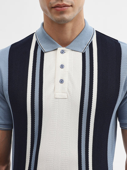 Blue & White Striped Slim Fit Polo T-Shirt | JadeBlue