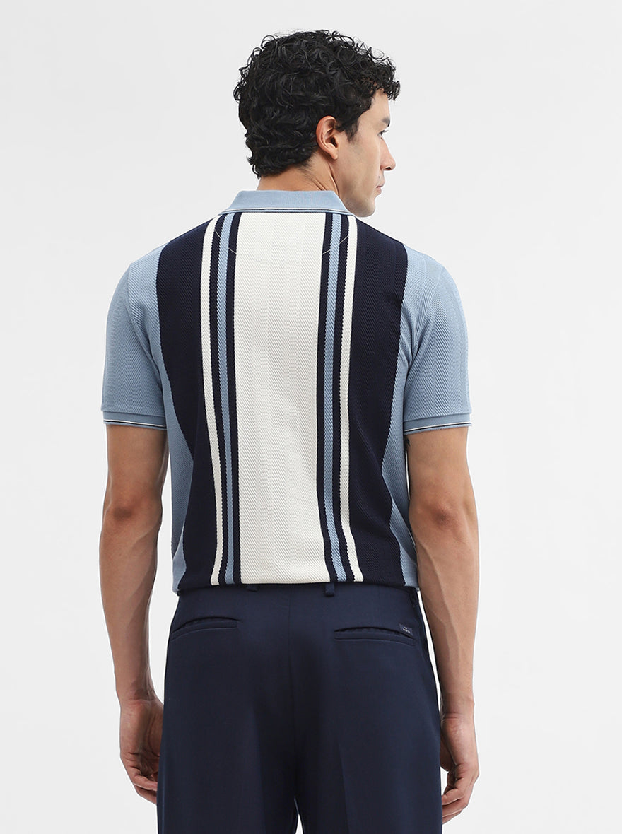 Blue & White Striped Slim Fit Polo T-Shirt | JadeBlue