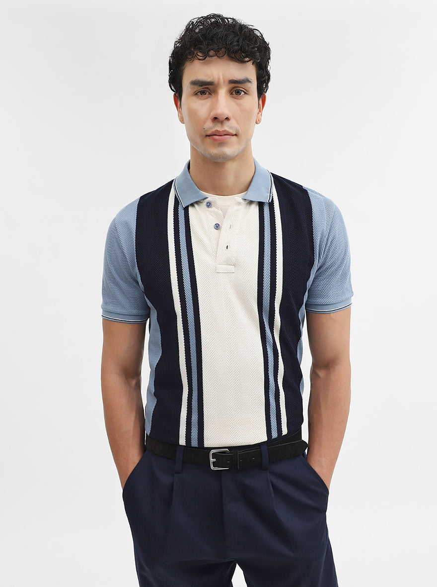 Blue & White Striped Slim Fit Polo T-Shirt | JadeBlue