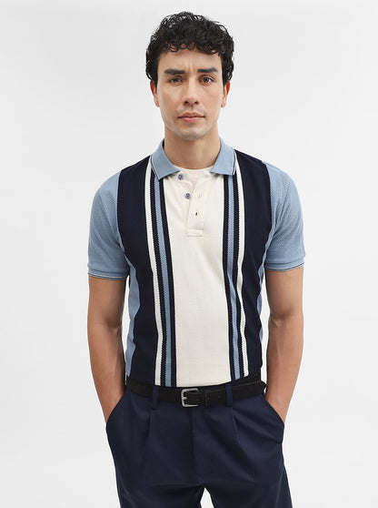 Blue & White Striped Slim Fit Polo T-Shirt | JadeBlue