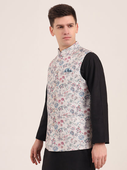 Cream Printed Regular Fit Bandhgala Jacket | JB Studio