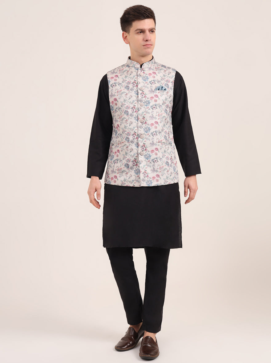Cream Printed Regular Fit Bandhgala Jacket | JB Studio