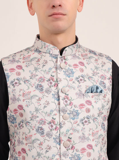 Cream Printed Regular Fit Bandhgala Jacket | JB Studio