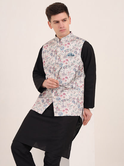 Cream Printed Regular Fit Bandhgala Jacket | JB Studio