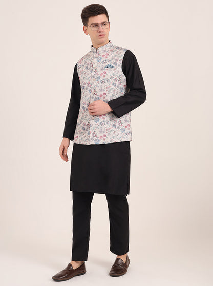 Cream Printed Regular Fit Bandhgala Jacket | JB Studio