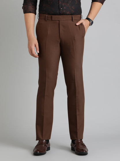 Brown Solid Slim Fit Formal Trouser | Metal