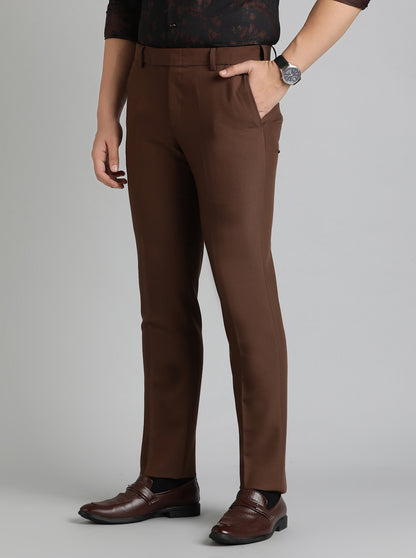 Brown Solid Slim Fit Formal Trouser | Metal