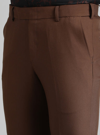 Brown Solid Slim Fit Formal Trouser | Metal