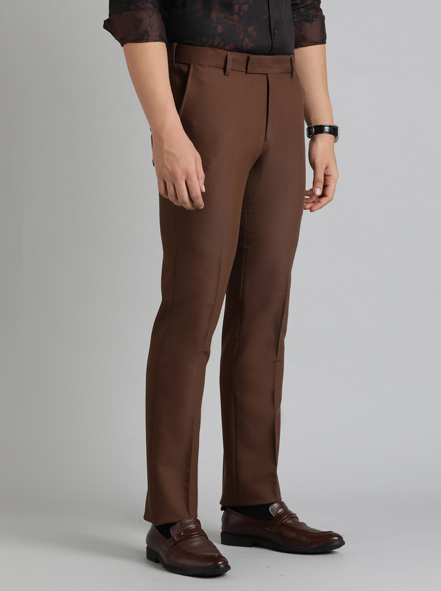 Brown Solid Slim Fit Formal Trouser | Metal