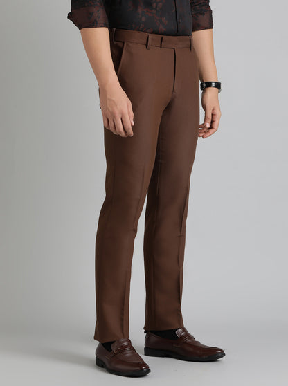 Brown Solid Slim Fit Formal Trouser | Metal