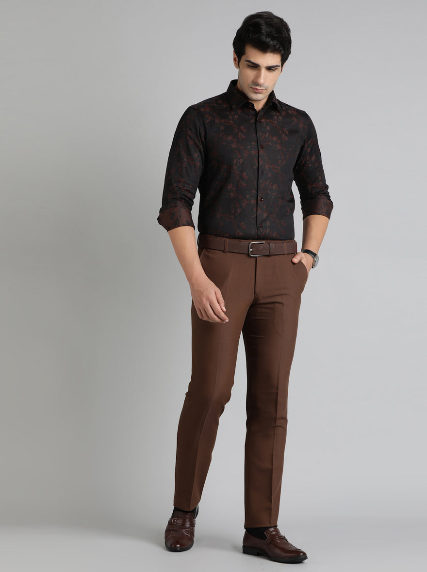 Brown Solid Slim Fit Formal Trouser | Metal
