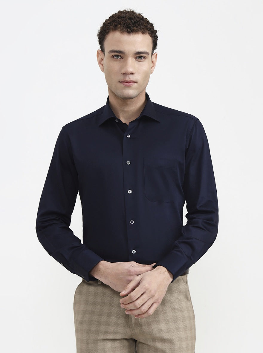 Navy Blue Solid Slim Fit Formal Shirt | JadeBlue Super Luxe
