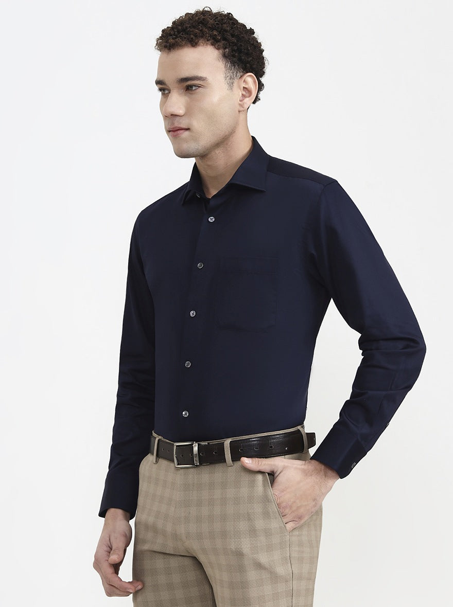 Navy Blue Solid Slim Fit Formal Shirt | JadeBlue Super Luxe
