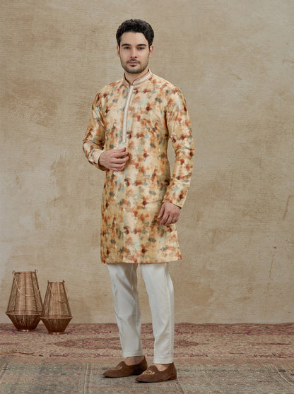Beige & Brown Printed Kurta Pajama | Virasana