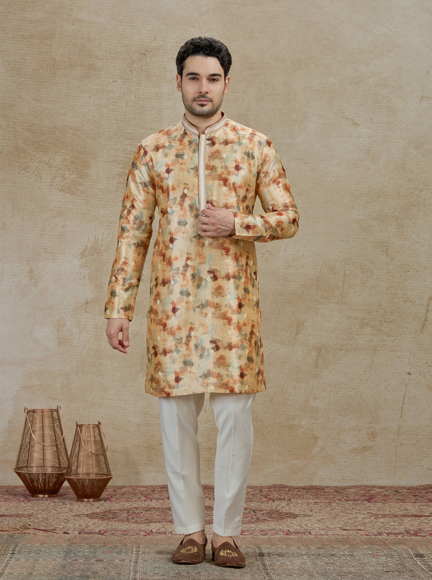 Beige & Brown Printed Kurta Pajama | Virasana