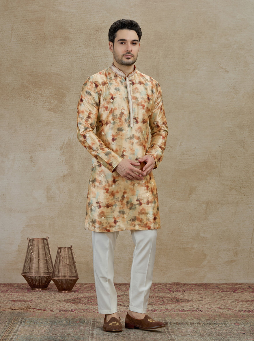 Beige & Brown Printed Kurta Pajama | Virasana