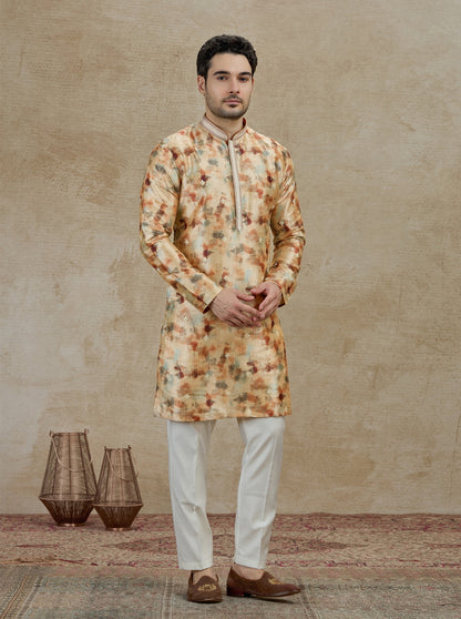 Beige & Brown Printed Kurta Pajama | Virasana