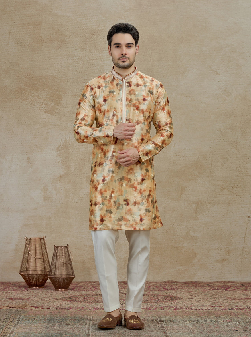 Beige & Brown Printed Kurta Pajama | Virasana