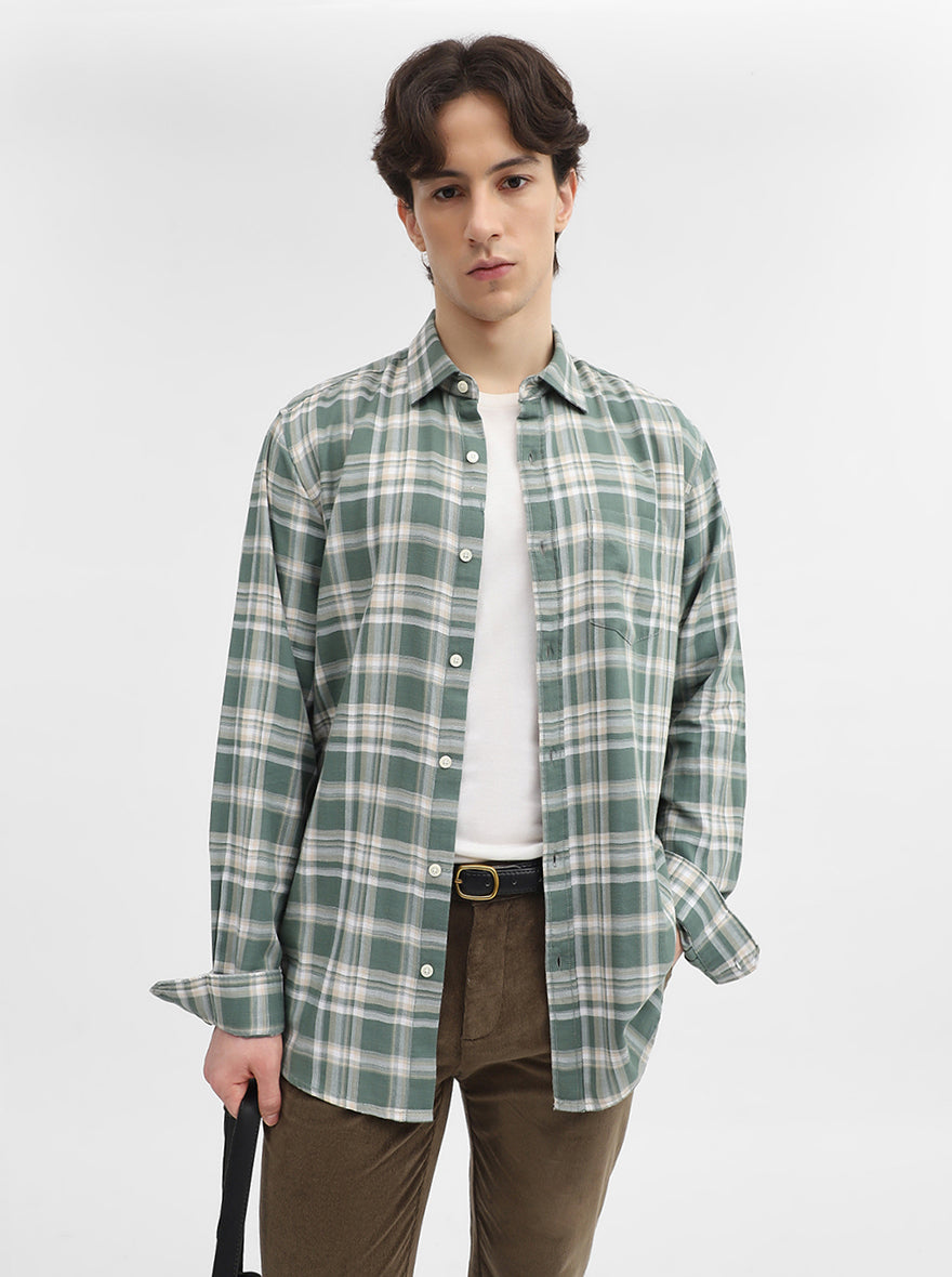 Green Checked Slim Fit Casual Shirt | JadeBlue