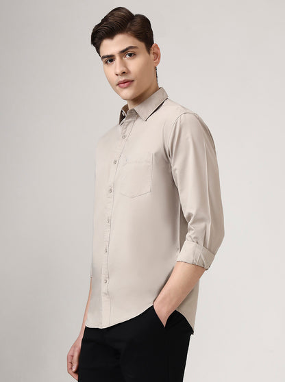 Stone Grey Solid Slim Fit Casual Shirt | Greenfibre