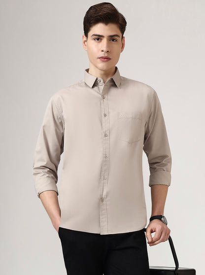 Stone Grey Solid Slim Fit Casual Shirt | Greenfibre