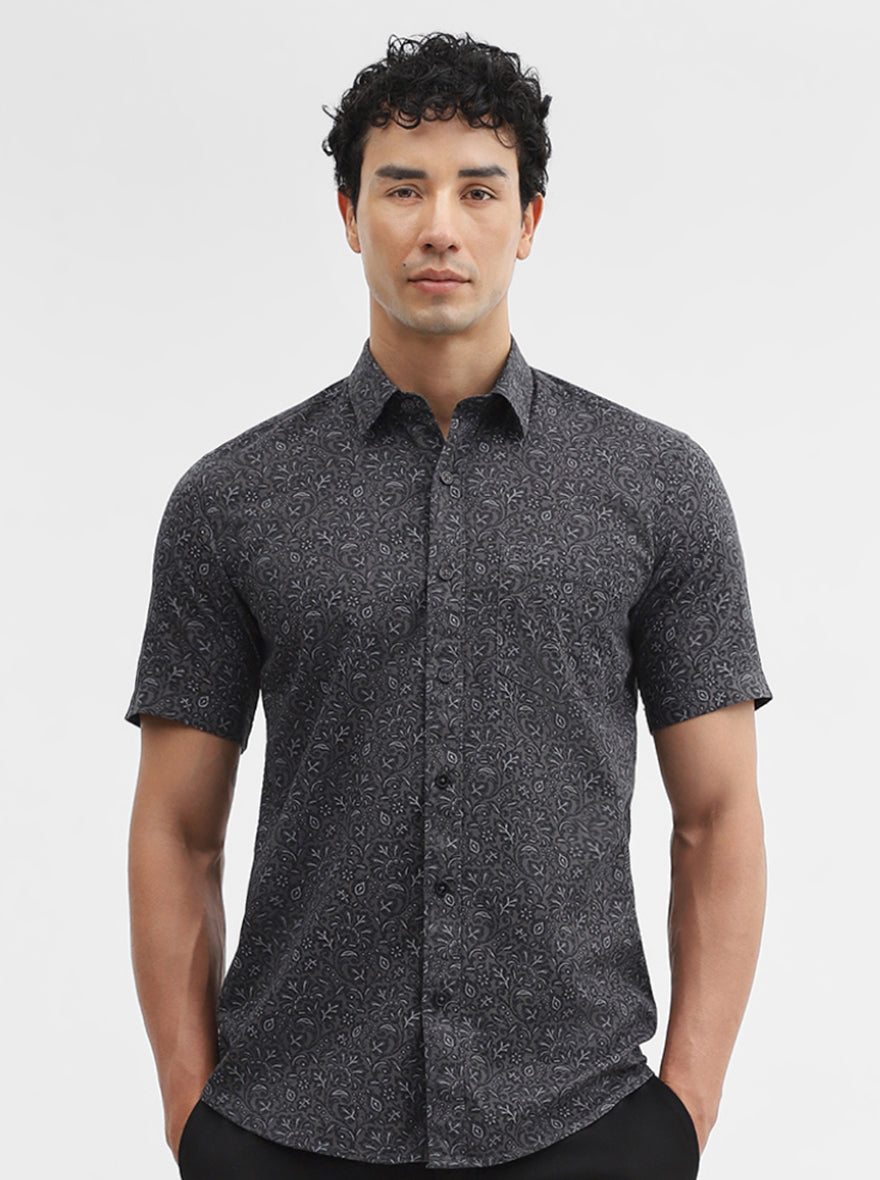 Dark Grey Printed Tailored Fit Semi Casual Shirt | JadeBlue