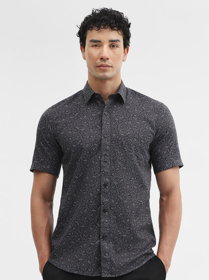 Dark Grey Printed Tailored Fit Semi Casual Shirt | JadeBlue