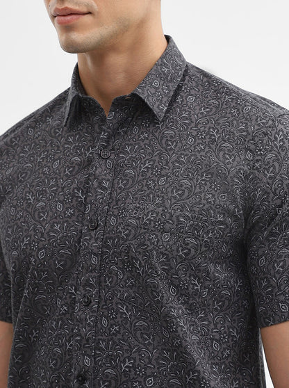 Dark Grey Printed Tailored Fit Semi Casual Shirt | JadeBlue