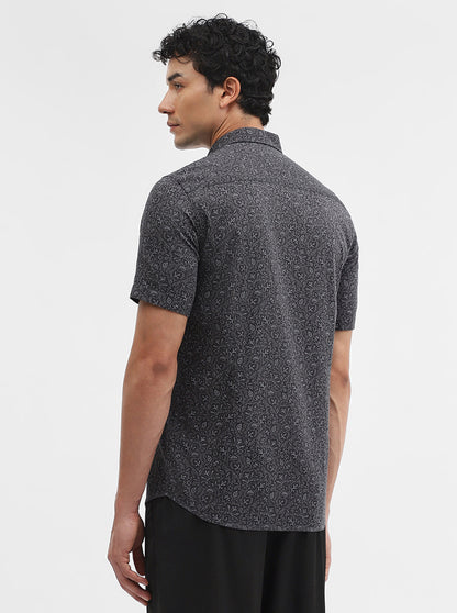 Dark Grey Printed Tailored Fit Semi Casual Shirt | JadeBlue