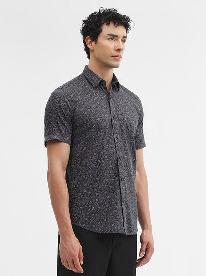 Dark Grey Printed Tailored Fit Semi Casual Shirt | JadeBlue