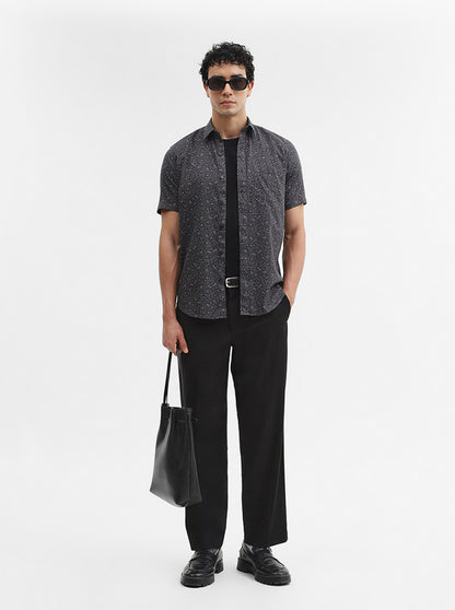 Dark Grey Printed Tailored Fit Semi Casual Shirt | JadeBlue