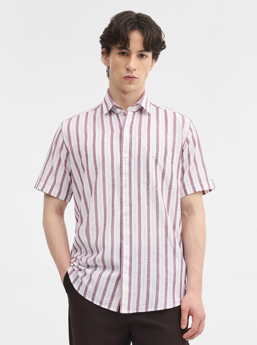 Purple & White Striped Tailored Fit Semi Casual Shirt | JadeBlue