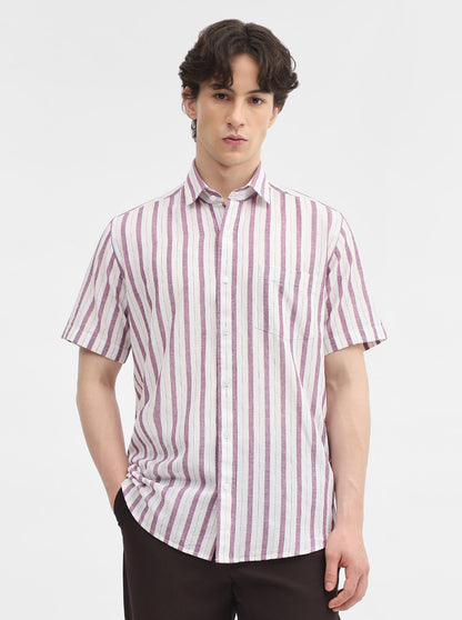 Purple & White Striped Tailored Fit Semi Casual Shirt | JadeBlue