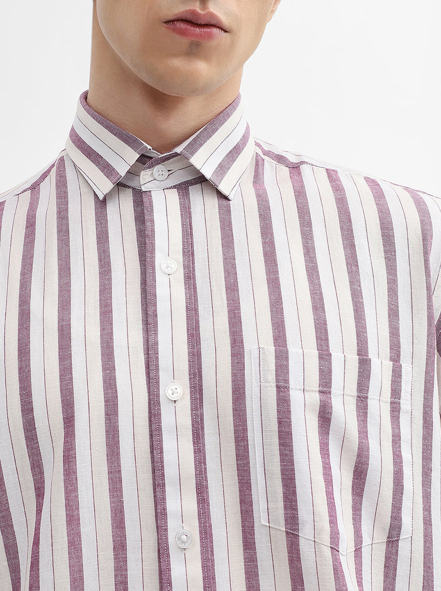 Purple & White Striped Tailored Fit Semi Casual Shirt | JadeBlue