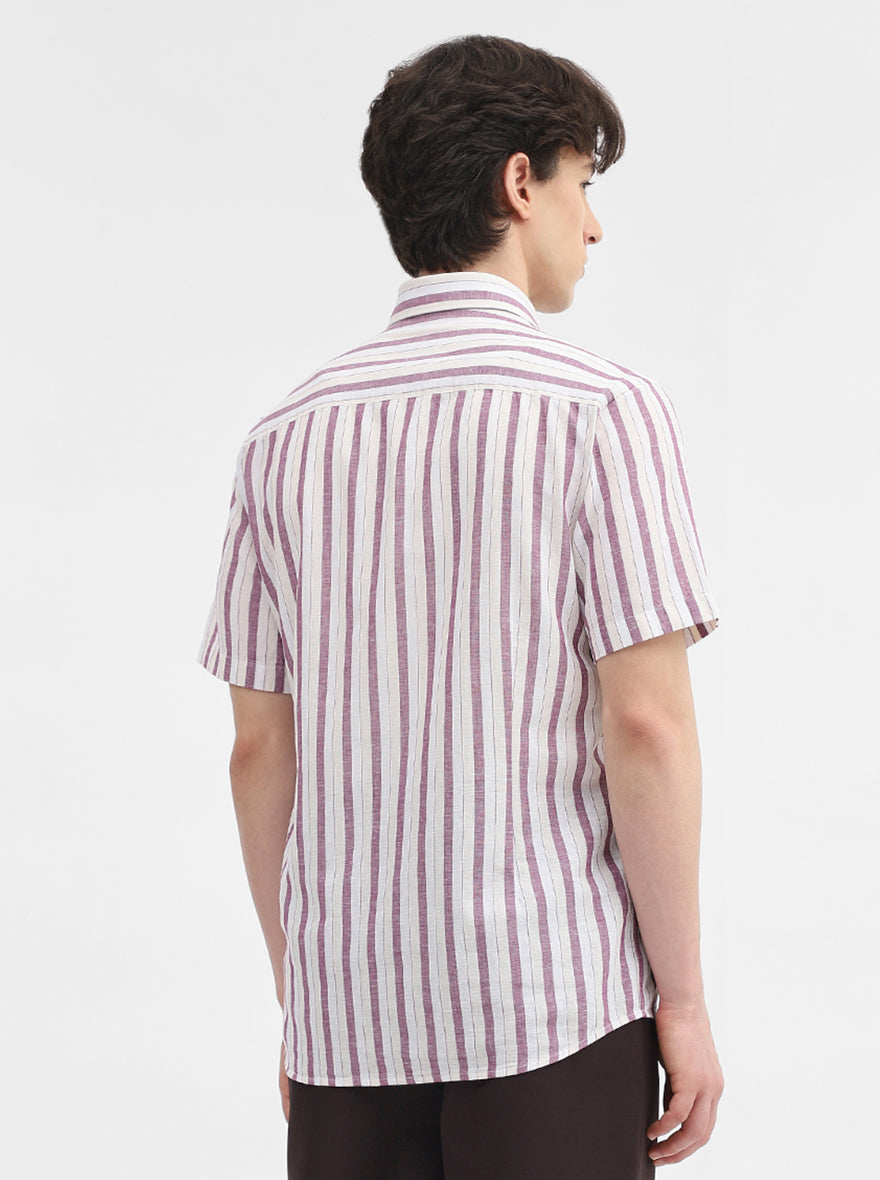 Purple & White Striped Tailored Fit Semi Casual Shirt | JadeBlue