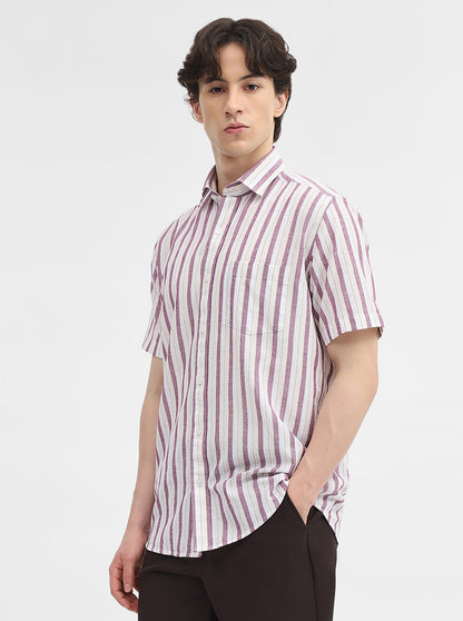 Purple & White Striped Tailored Fit Semi Casual Shirt | JadeBlue